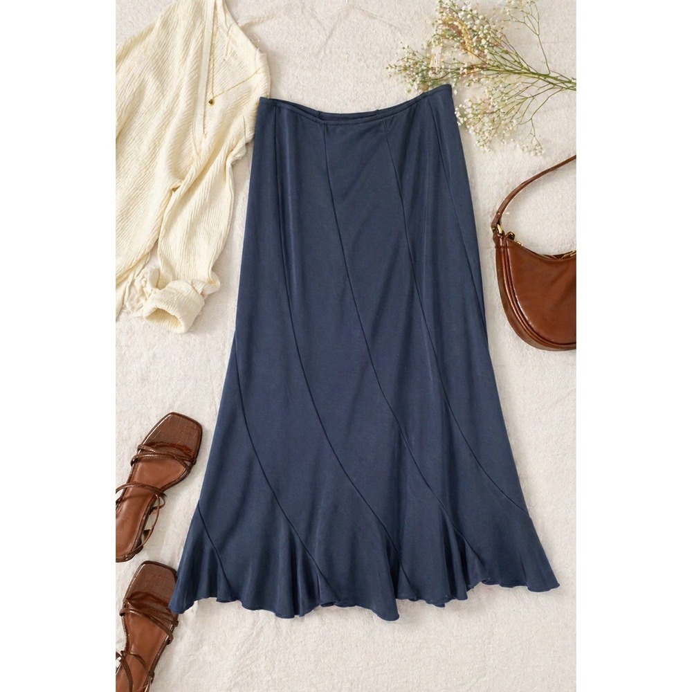 Villager by Liz Claiborne Flounce Hem Midi Skirt Women M Navy Knit Pull On Flare
